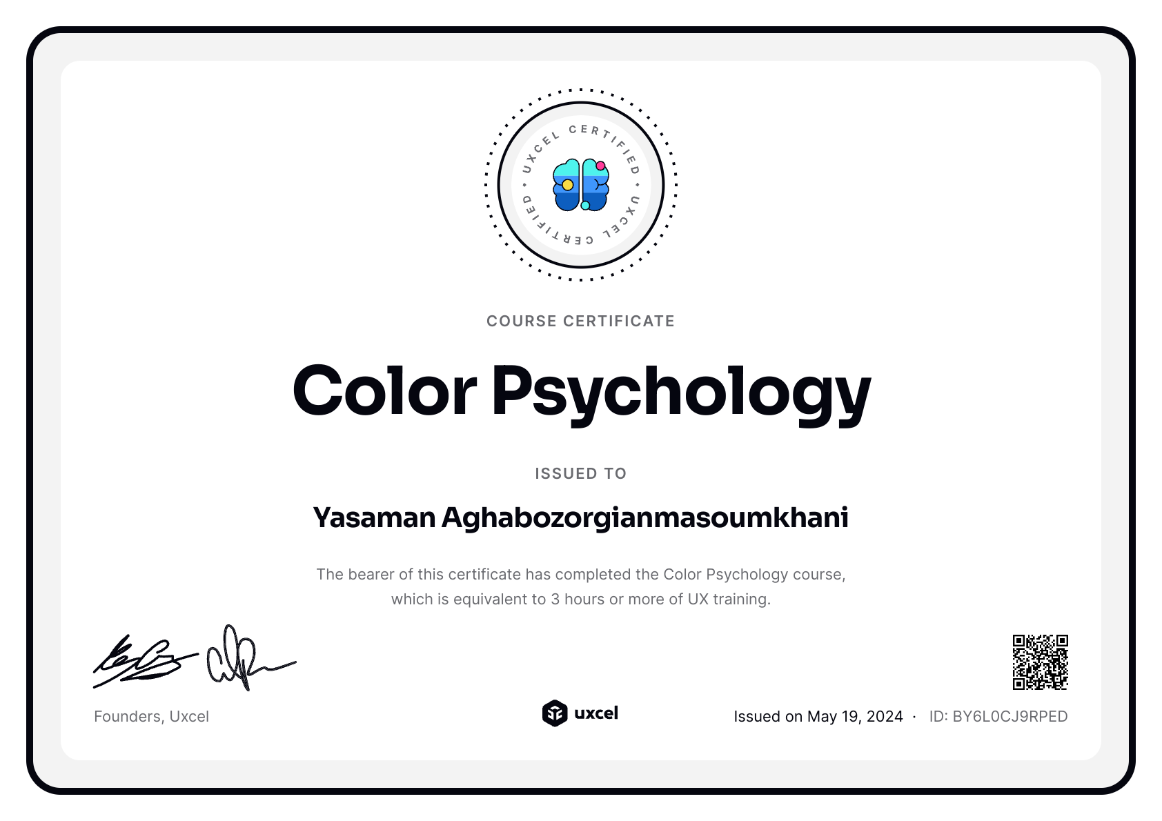 Yasaman Aghabozorgianmasoumkhani's certificate
